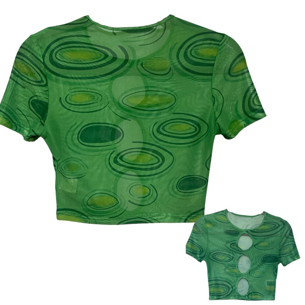 Y2k Green Printed Short Sleeve Mesh Crop Top